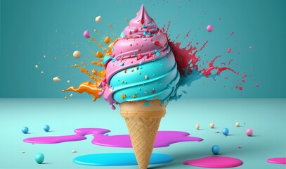 Blue-pink ice cream cone with sprinkles, 3D-render on a clean background, perfect for summer designs. Generative AI.