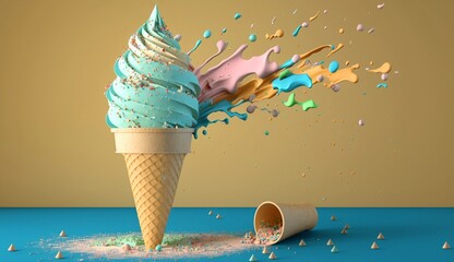 A delectable blue-pink ice cream cone with colorful sprinkles, 3D-render isolated on a white background. Generative AI.