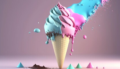 A blue-pink ice cream cone with colorful sprinkles, 3D-render, against a white background. Generative AI.