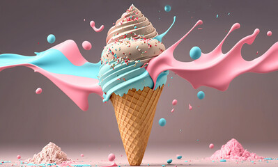 Melted blue-pink ice cream cone with sprinkles, 3D-render, isolated on white background. Generative AI.