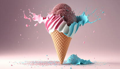 Satisfy your sweet tooth with this blue-pink ice cream cone with sprinkles, 3D-render against a white background. Generative AI.