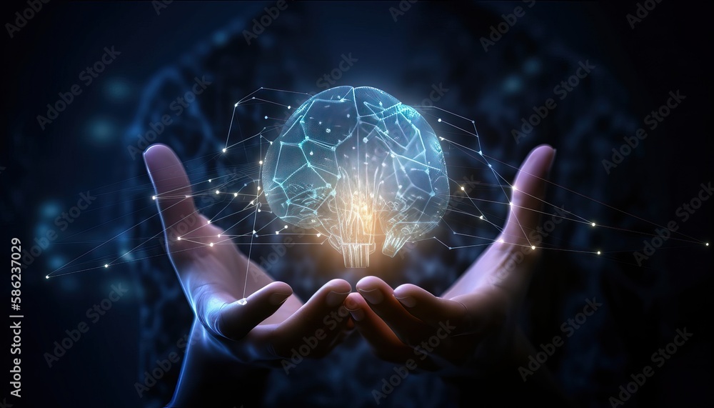 Poster ai, machine learning, big data network, brain data creative in light bulb, science and artificial in