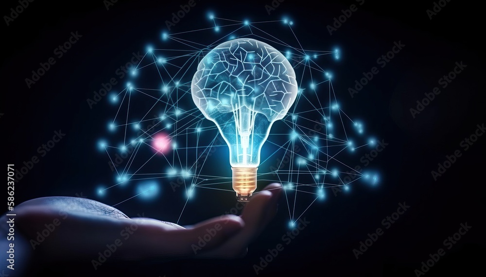 Poster ai, machine learning, big data network, brain data creative in light bulb, science and artificial in