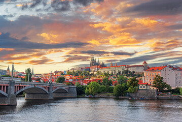 Old town of Prague. Czech Republic over river Vltava with Saint Vitus cathedral on skyline. Praha panorama landscape view.