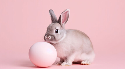 Cute bunny and single easter egg. Concept of happy easter day.