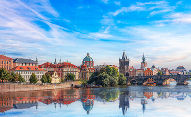 Prague - Charles bridge, Czech Republic. Scenic aerial sunset on the architecture of the Old Town...