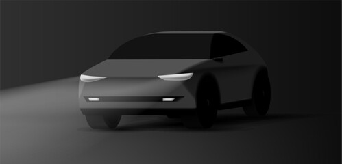 Plakat Realistic Black Vector 3D Car illustration, dark night with headlights on