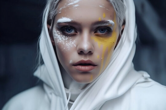 Portrait of a woman with intricate face paint and hood.