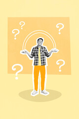 Magazine template collage of funny young man have many questions marks and no answers shrugging hands on yellow background