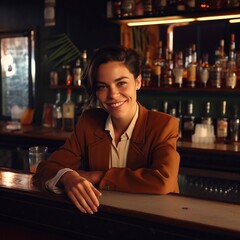 Waitress in front of the top bar looking at camera in her restaurant. Generative AI