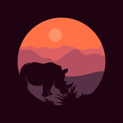 vector silhouette of rhino eating grass with mountains background in evening with sunrise, flat style design 