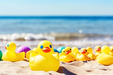 Rubber duck on the beach in summer. Generative AI
