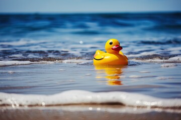 Rubber duck on the beach in summer. Generative AI