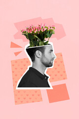 Creative trend collage of profile side face young handsome man with head flowers present for 8 march 14 february party