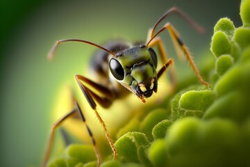 Naklejka premium Macro photography ant on green background. Generative AI