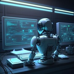 Robotics using multiple computers working and monitor data in liveing modern room , Generative Ai