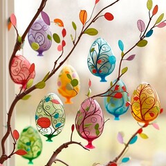 Abstract Easter Decoration With Glass Eggs and Paper Flowers Made With Generative AI 
