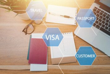 Visa application flat concept. Top view. oversea travel in visa free arrival country concept,...
