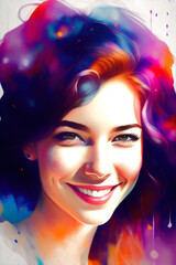 Colorful portrait of a young woman. Generative AI