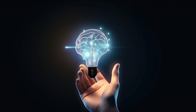 Creative, new ideas and innovation, Hand holding light bulb and smart brain inside and innovation icon network connection on dark blue city background, innovative technology in science and industrial