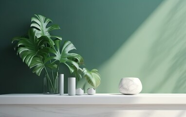 Minimal, modern white marble stone counter table, tropical monstera plant tree in sunlight on green wall background for luxury organic cosmetic, skin care, beauty product display, Generative AI, AI