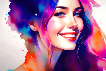 Colorful portrait of a young woman. Generative AI