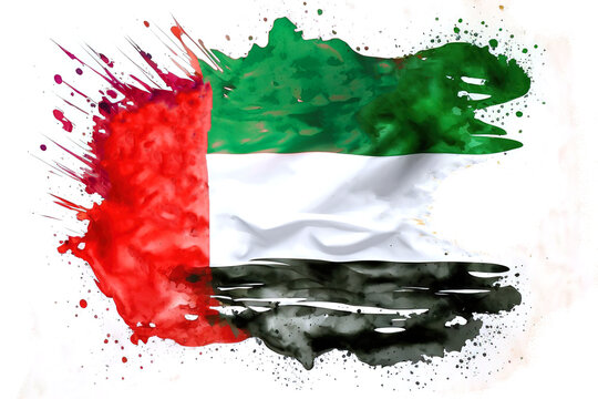 An Illustration of an Expressive Watercolor Painted Dubai Flag With an Explosion of Color, Movement and Artistic Flair