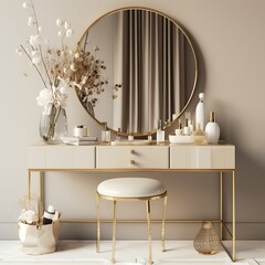 Modern, minimal beige dressing table, gold handle drawer storage, twig in glass vase, round vanity mirror in beige wall bedroom for luxury beauty, cosmetic, makeup product background Generative AI, AI
