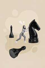 Poster banner collage of small young lady chess player have checkmate with horse piece defeat...