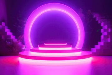 3d cylinder stand or podium in Sci-fi dark abstract room with illuminate circles neon lamp and shiny glitter in window. 3d rendering product display. Futuristic minimal scene. Generative Ai.