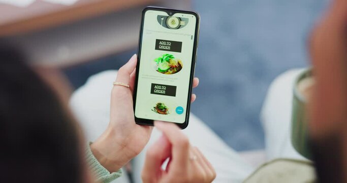 Phone screen, food delivery and hands of couple order, restaurant menu and online shopping catalog choice. People on ecommerce website, fintech or mobile app for lunch decision and scroll at home