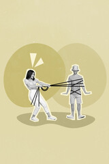 Poster banner collage of strong woman trap guy with string ropes girls power ruling feminism concept