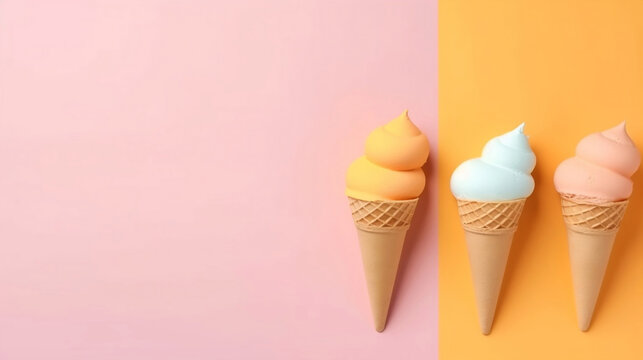 Three ice cream over a pink background. Top view with copy space. Generative AI