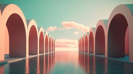 illustration of an Abstract summer landscape scene with geometric form. ocean beach view. 3d rendering. Generative Ai.