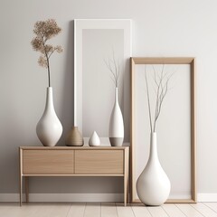 Mock up frame in home interior background, white room with natural wooden furniture, Scandi-Boho style. Generative Ai