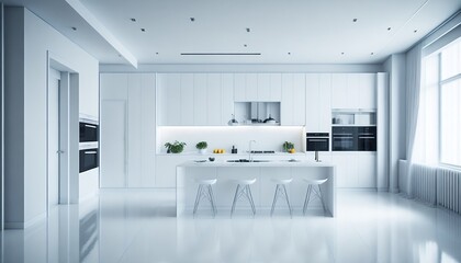 Sleek and Sophisticated: A Super Modern White Living Room and Kitchen Interior with a Minimalistic Abstract Light Blue Background and Tree Branches