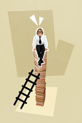 Funny cute little pupil boy sitting high on book pile use ladder fond of reading avoid spend time...