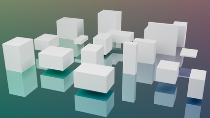 Abstract 3d-illustration as a rendering of a futuristic background with some white cubes with random sizes on top of a mirrow plain with rainbow color