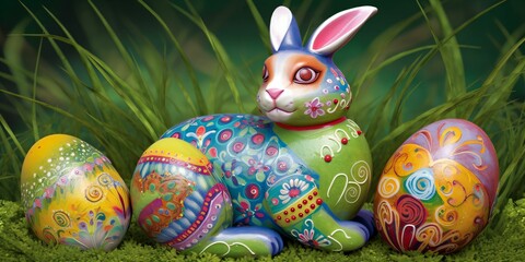 close-up of a beautifully painted easter bunny statue and eggs sitting in the grass. created using generative AI tools