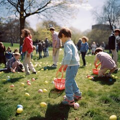 children on a easter egg hunt at the local park. created using generative AI tools