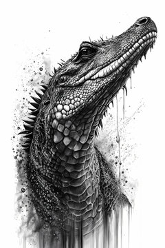 Alligator Ink Drawing In Splash of Inked Black and White Animal Intricate Details Artwork generative ai