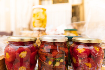 tomatoes and peppers in oil, homemade preserves in the historic center in Bari, italy