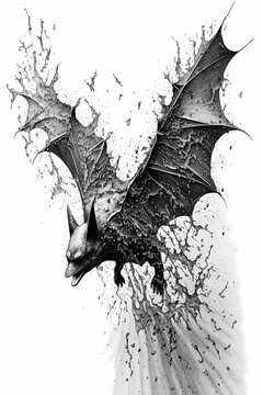 Bat in a splash of black Ink Drawing In Splash of Inked Black and White Animal Intricate Details Artwork generative ai