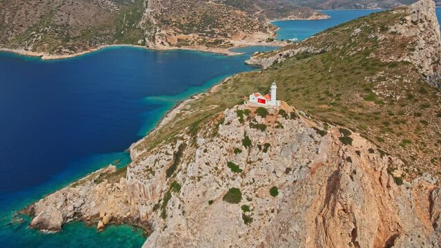 Aerial view of Lighthouse and Knidos or Cnidus an ancient city in Tekir burnu peninsula, Datca town, Mugla province, Turkey.