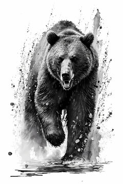 Bear Ink Drawing In Splash of Inked Black and White Animal Intricate Details Artwork generative ai