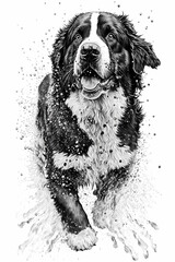 Bernese Mountain Dog Ink Drawing In Splash of Inked Black and White Animal Intricate Details Artwork generative ai - obrazy, fototapety, plakaty