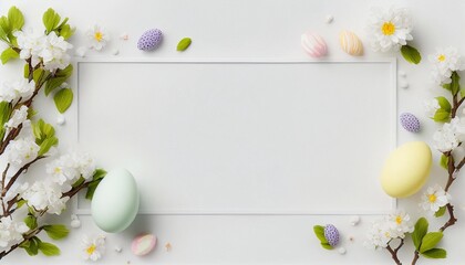Naklejka na ściany i meble Flat overhead view of a white square frame decorated with flowers and eggs - generative AI