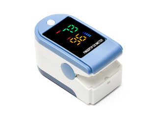 Pulse oximeter device to measure pulse rate and oxygen levels isolated on white background - 586244230