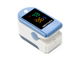 Pulse oximeter device to measure pulse rate and oxygen levels isolated on white background