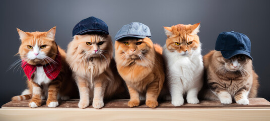 Portrait of a gang of cats dressed in human clothes posing for the camera. Studio shot. Generative AI